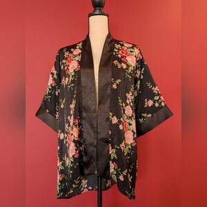 NWOT Floral Black Satin Kimono Robe